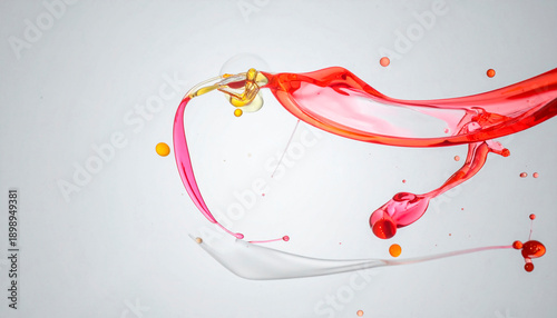 Abstract background capturing a dynamic splash of multicolored liquids suspended mid-air, freezing fluid motion in time, with elegant arcs, droplets, and swirls in vivid shades. Visual experimentation