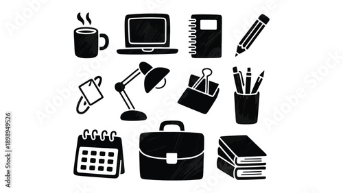 Workspace Icons: A collection of meticulously designed icons representing workspace essentials, perfect for illustrating the tools and elements of a productive work environment.