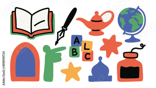 Educational Illustrations: A collection of educational objects that provide a visual representation of learning, imagination, and knowledge