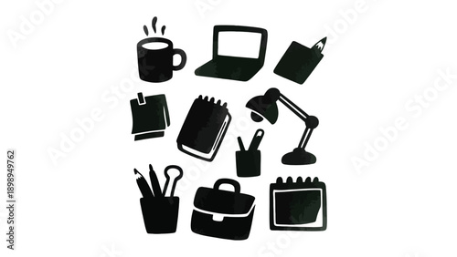 Office Essentials Composition: An assortment of essential office items, arranged artfully to evoke the everyday work environment, including a steaming coffee cup, sleek laptop, and classic briefcase.