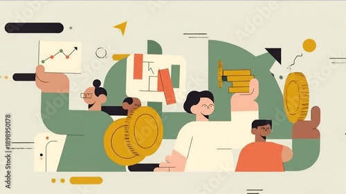 Diverse group of people celebrating financial growth and investment success holding large gold coins and a rising trend chart in abstract illustration style