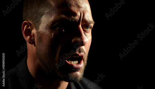 A dramatic close-up portrait of an actor in intense emotional expression during a theatrical performance or rehearsal. : Photos for World Theatre Day
