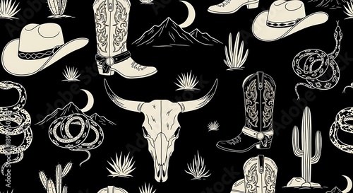 A dark seamless pattern with Western themed illustrations of boots, hats, snakes, and a skull