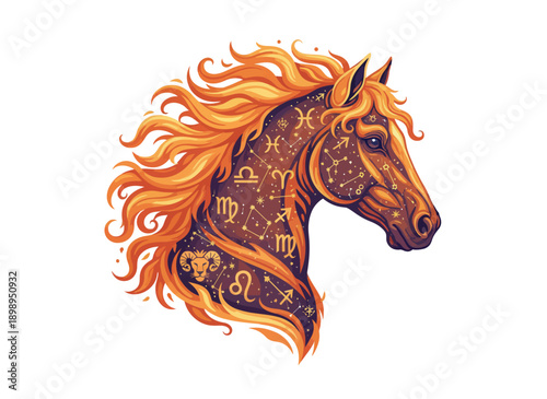 Illustration of a horse's head with astrological symbols and fiery mane and body against a white background.