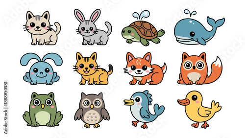 Adorable Animal Ensemble: A delightful collection of cartoon animals, each with unique charm. This image is full of animal character and is perfect for various application.