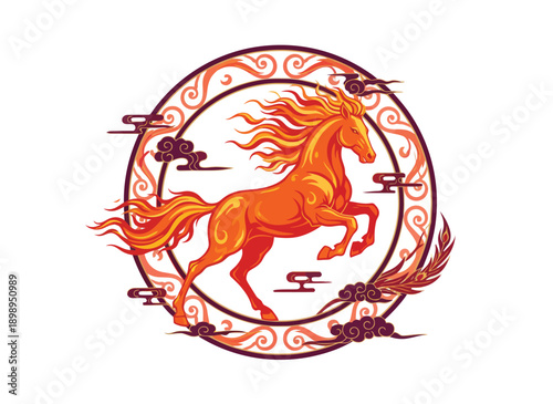 A stylized orange horse in a dynamic pose within a circular ornamental frame on a white background.