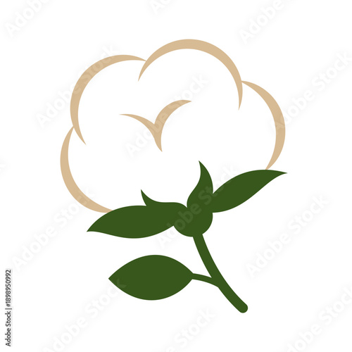 Cotton boll with green leaves. Flat cotton icon for textile, eco packaging, or farming-themed designs
