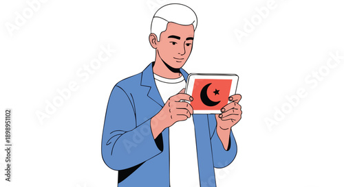Digital observance for Ramadan Kareem 2026 A young man engaging with a tablet displaying the Islamic crescent and star, symbolizing modern faith and cultural connection