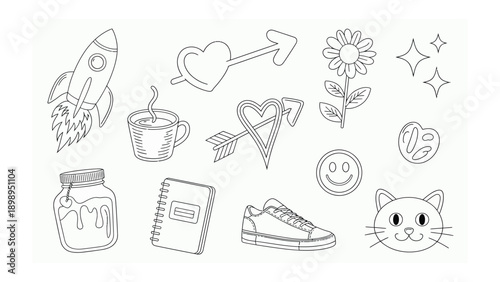 Cute Line Art Icons: A delightful assortment of hand-drawn icons featuring a rocket, heart with an arrow, flower, sparkles, mug of coffee, heart-shaped, smiley face, honey jar, notebook, sneaker.