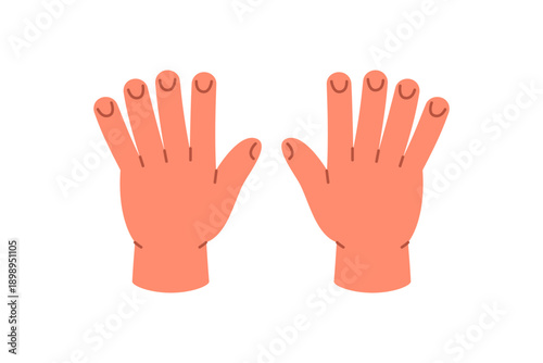 Hands showing number 10 with all fingers extended. Flat cartoon style for counting, early learning, and number charts