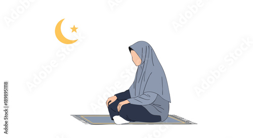 Ramadan Kareem 2026 A Woman in Hijab Prays on a Rug Under the Crescent Moon, Reflecting Peace and Spirituality