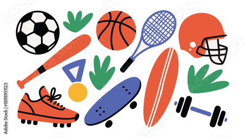 Sports Equipment Collage: A vibrant and diverse assortment of sports equipment, artfully arranged to capture the essence of various athletic pursuits and the joy of sports.