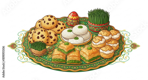 Traditional novruz festive platter with food and sabzeh on decorative plate