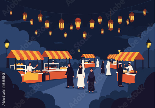 Ramadan Kareem 2026 Celebration at a Vibrant Night Market Under Festive Lanterns, Showcasing Cultural Traditions and Community Spirit