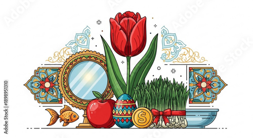 Traditional nowruz celebration symbols with red tulip mirror fish apple and sabzeh in decorative setting