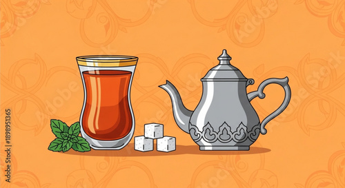 Traditional turkish tea setup with mint and sugar cubes on orange background