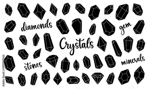 Black crystals set. Magic gem stones, diamond and jewel crystals. Gemstones, amethyst, ruby, sapphire, emerald, topaz and quartz. Vector illustration