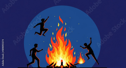 Silhouettes of three people jumping over a burning bonfire at night