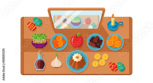 Colorful food spread on a wooden table with various dishes and ingredients arranged
