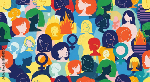 Diverse crowd of people with gender symbols and colorful hair styles