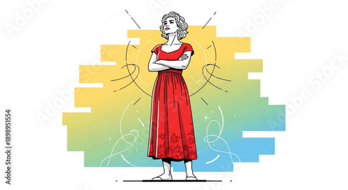 Woman in red dress standing confidently with arms crossed against colorful background