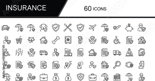 Insurance line icons set with health, car, travel, property, finance, protection symbols for web, app, infographic design