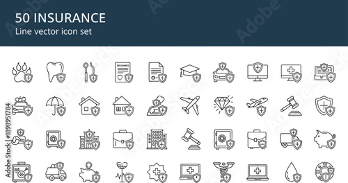 Insurance line vector icon set featuring health, car, home, travel, medical, business, property protection symbols for web and app design