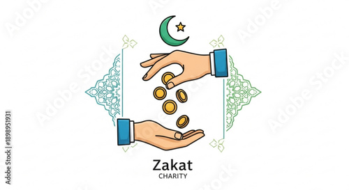 Islamic charity illustration hands giving gold coins with crescent moon and star symbol