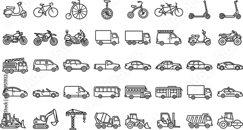 Transportation line icons set featuring bicycles, scooters, cars, trucks, buses, delivery and construction vehicles for web and app design