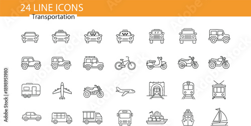 Transportation line icons set featuring cars, taxis, bikes, buses, trains, airplanes, ships, and travel vehicles for web design