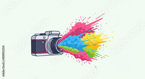 Vibrant camera illustration with explosive colorful paint splatter on white background