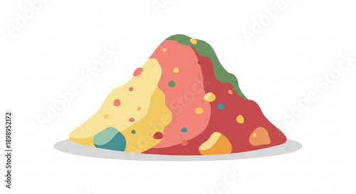 Colorful ice cream cone with sprinkles and fruit toppings on white background