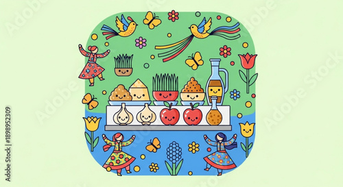 Colorful illustration of smiling fruits and vegetables with happy people and birds