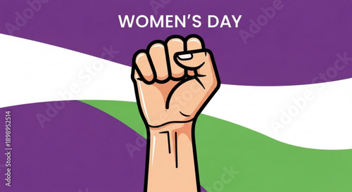 Raised fist celebrating women's day with purple green and white background