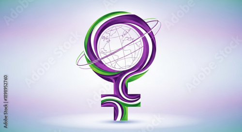 Purple and green venus symbol with orbiting rings and globe on white background