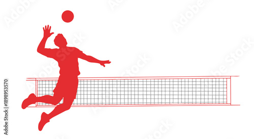 Red silhouette of a volleyball player jumping to hit the ball over net