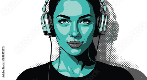 Woman wearing green headphones and a black shirt
