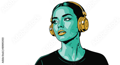 Woman wearing gold headphones and black shirt looking sideways