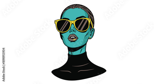 Greenskinned woman wearing yellow sunglasses and black turtleneck