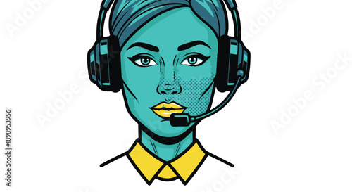 Tealskinned woman wearing a headset with a microphone for customer support