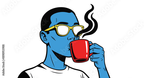 Man drinking coffee wearing glasses and holding red mug