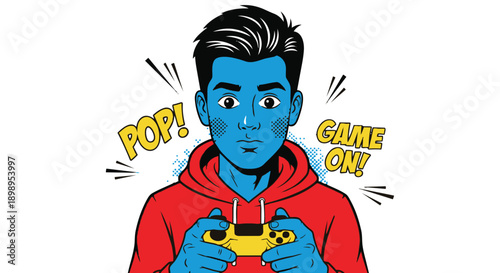 Young man playing video games with a surprised expression on his face