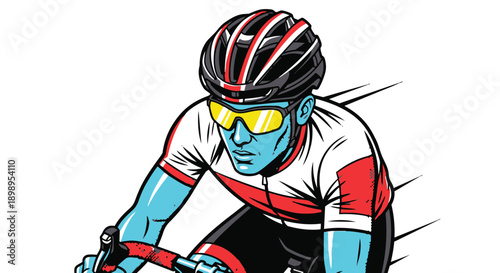 Cyclist wearing helmet and yellow sunglasses riding bicycle