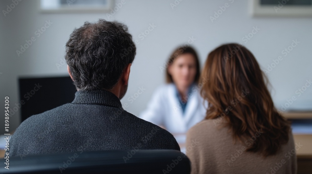 Fototapeta premium Rear view of middle aged couple in counseling session, professional therapist in office setting, mental health support and relationship advice, calm serious mood