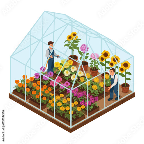 Greenhouse with Gardener and Vibrant Flowers.