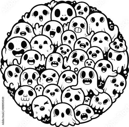 A delightful circle of playful, cartoonish ghosts with various cute expressions, perfect for Halloween themes.