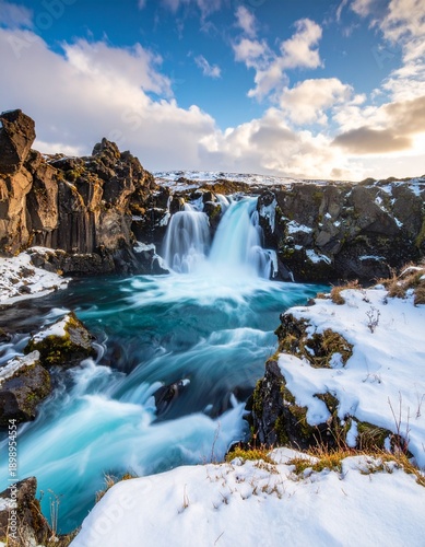 Una majestuosa cascada se precipita por acantilados rocosos salpicados de nieve y vegetación verde, fluyendo hacia un río tranquilo en un impresionante paisaje natural de invierno.
