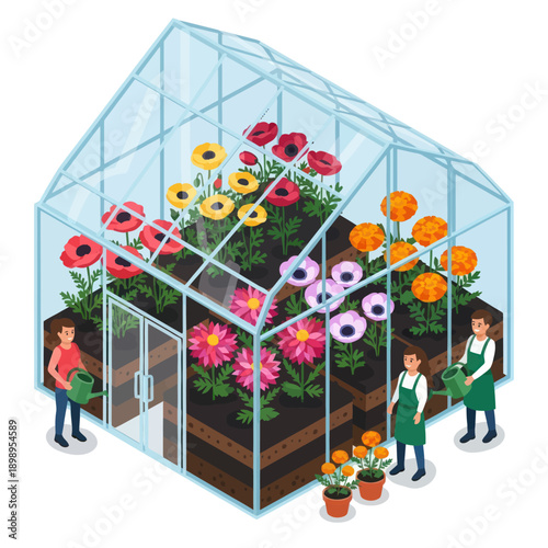 Greenhouse with Vibrant Flowers and Gardeners.