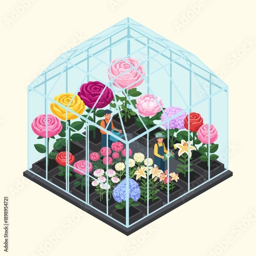 Colorful Roses and Flowers in Greenhouse.