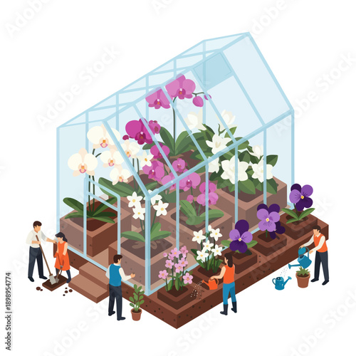 Greenhouse with People Tending to Flowers.